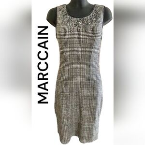 Marc Cain Hounds Tooth Plaid Stretchy Bodycon Bown/Tan Midi Sheath Dress size S